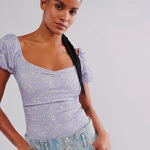 NWT - Intimately Free People Bella Bodysuit with Ruching & Puffed Sleeves